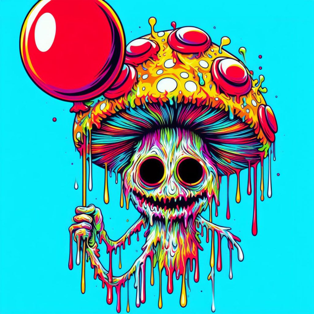 "Bob" - a fun psychedelic character holding a red balloon