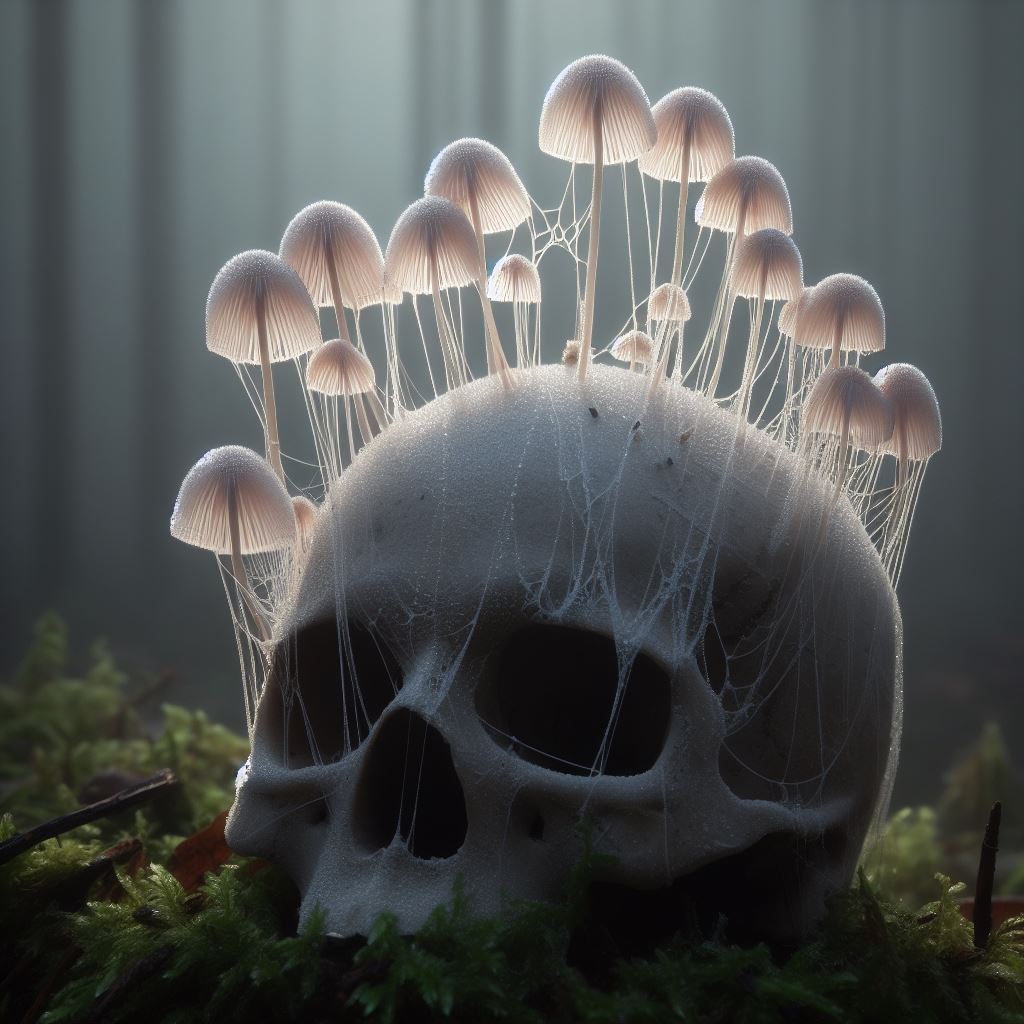 "Deathcap" mushrooms growing on a skull